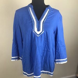 Linen Boho Embroidered Blue White Tunic M